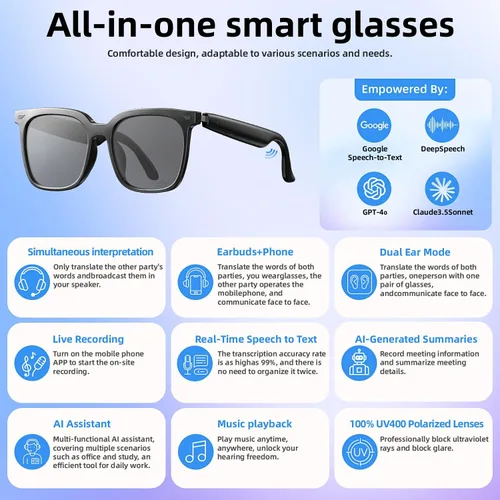 Miniatura 2 de Lentes inteligentes, gafas Bluetooth para hombres y mujeres, protección UV, traducción en tiempo real con más de 144 idiomas, gafas AI con chat GPT