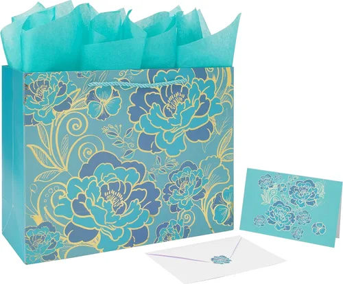 Juego de Bolsa de Regalo Grande Rosa Verde de 13" con Tarjeta de Felicitación y Papel de Seda (Flores con Trazado de Papel Aluminio) para Celebrar