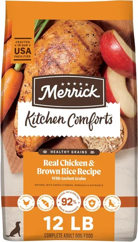 Merrick Healthy Grains - Alimento seco prémium para perros adultos, croquetas saludables y naturales con pollo y arroz integral, bolsa de 12.0 libras