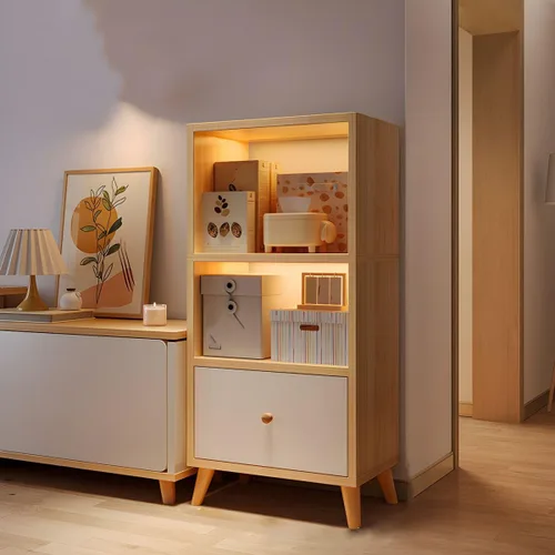 Estantería moderna con cajones y armario de almacenamiento de madera con parte trasera cerrada, estantería independiente para oficina en casa, sin