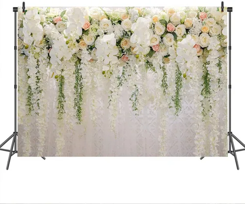 Miniatura 3 de Mocsicka Telón de fondo de pared de flores de boda para sesión de fotos, decoración de boda para recepción, pancarta de fondo floral de rosa blanca