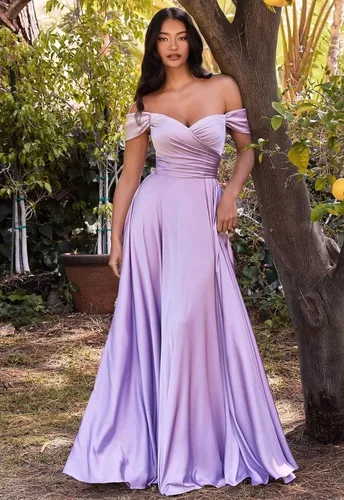 Miniatura 3 de PEIYJYUSP Vestidos de dama de honor de satén con hombros descubiertos para boda, largo, fruncido, acampanado, vestido de graduación formal