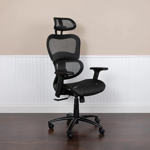 Miniatura 2 de Flash Furniture LO Silla de oficina ergonómica de malla con inclinación sincronizada 2 a 1, reposacabezas ajustable, soporte lumbar y brazos