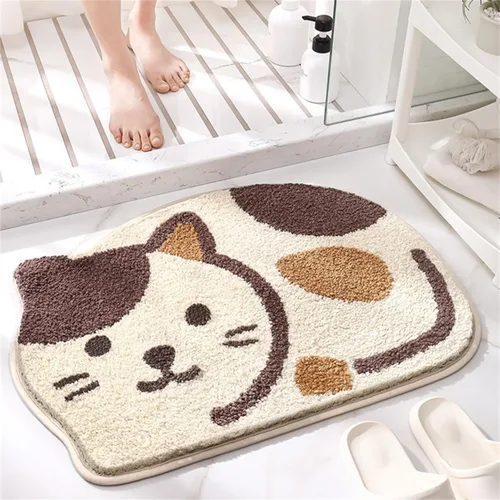 Miniatura 6 de Ankah Tapete para ducha, bañera, baño, alfombra de baño, antideslizante, absorbente, diseño adorable con imagen de gato, tapete suave seco, Beige