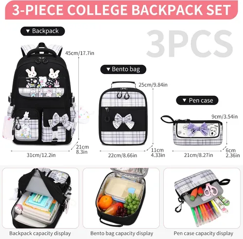 Miniatura 2 de CYOQX Mochila escolar para niñas, 3 piezas, con lonchera, juego de mochila para adolescentes y niñas, linda mochila escolar para niños y niñas