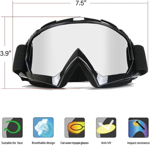 Miniatura 3 de Gafas de motocross, ATV Motocicleta, UTV MX OTG, accesorios de gafas y gafas de esquí antiniebla, carreras de esquí Marco negro+lente plateada
