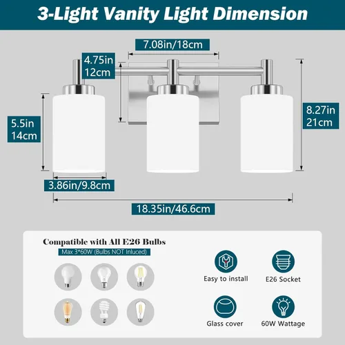 Miniatura 2 de 3-Light Brushed Nickel Bathroom Light Fixtures Over Mirror, Rustproof Brushed Nickel Vanity Light, Modern Bathroom Vanity Lights with Milky White