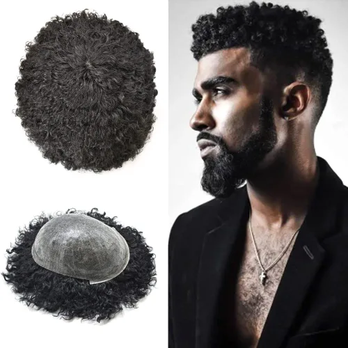 Miniatura 9 de Afro Toupee para hombres negros, cabello humano rizado afroamericano para hombre, sistema de cabello para toda la piel, base de poliuretano, unidad