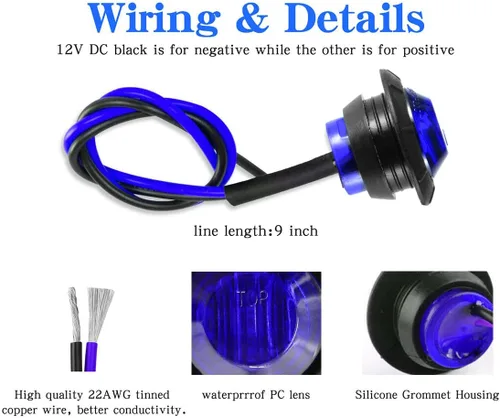 Miniatura 4 de 10 piezas LED redondas mini impermeables selladas azules de 3/4", luces de gálibo con bala y ojal para indicadores delanteros, traseros y laterales