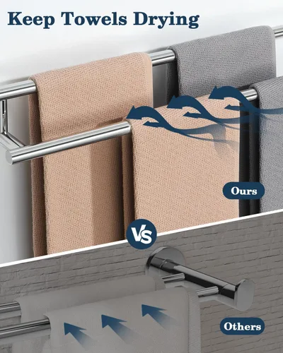 Miniatura 6 de Alise Toallero doble cromado pulido, toallero de 24 pulgadas para baño montado en la pared, toallero de baño de acero inoxidable SUS304, toallero