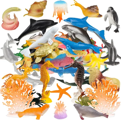 Paquete de 50 mini figuras de vinilo de plástico de animales marinos del océano, figuras realistas bajo el mar, regalo de baño para niños,