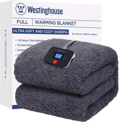 Westinghouse Manta Eléctrica Tamaño Full, Manta Térmica de Felpa Suave Sherpa con 10 Niveles de Calefacción y 1-12 Horas de Apagado Automático, Gris