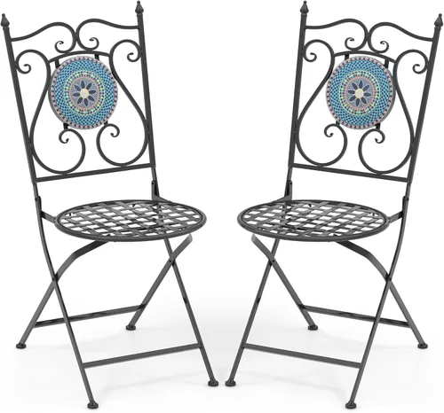 Giantex Juego de 2 sillas plegables para patio, sillas bistró de mosaico con respaldo y asiento redondo, marco de metal resistente, capacidad de 330