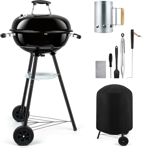 Miniatura 8 de Leonyo - Parrilla de carbón portátil de 18 pulgadas, ahumador redondo con ruedas y tapa esmaltada de porcelana para cocinar al aire libre