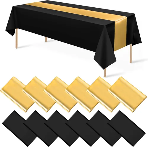 Miniatura 19 de Juego de 12 manteles de satén de 12 x 108 pulgadas y manteles de plástico de 54 x 108 pulgadas, manteles rectangulares desechables en negro y azul