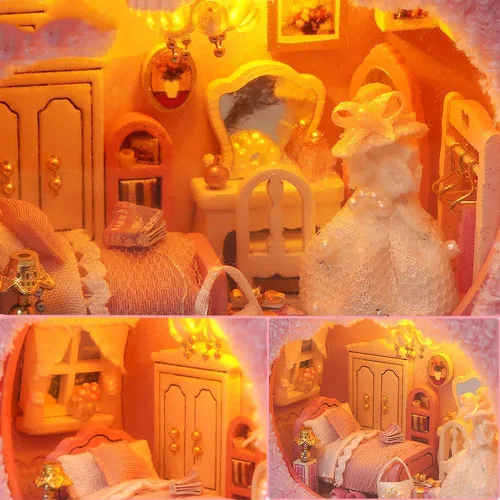 Miniatura 3 de TOPBSFARNY Kit de casa en miniatura, 2 piezas de animales lindos en miniatura, casa de madera para muñecas de bricolaje, modelo en miniatura con luz