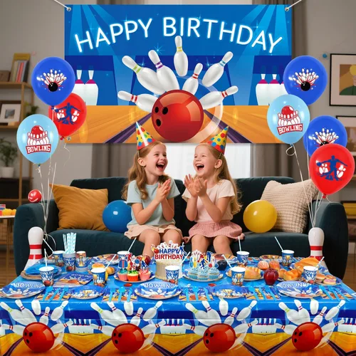 Miniatura 7 de KEFAN Decoraciones de fiesta de cumpleaños de bolos, suministros de vajilla para fiesta temática de bolos, incluyendo telón de fondo, platos, vasos
