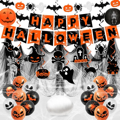 Decoraciones de Halloween, decoraciones de fiesta de Halloween naranja y negro, remolinos colgantes, pancarta de araña de fantasma y murciélago,