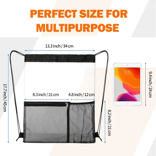 Miniatura 2 de Paquete de 2 bolsas transparentes con cordón aprobadas para estadios, mochila transparente de PVC con cordón, Negro -, Bolso de cordón transparente