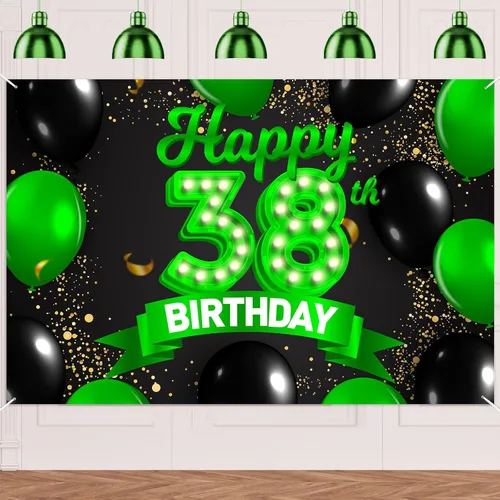 Miniatura 81 de Cartel de feliz cumpleaños 26 verde y negro, telón de fondo con texto en inglés "Cheers to 26 years old confeti", globos de confeti, decoración
