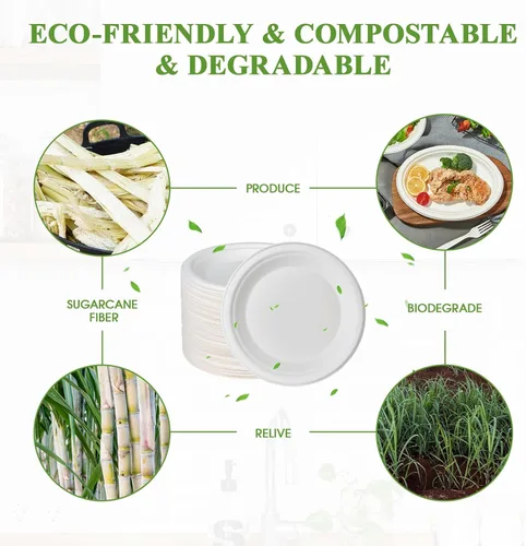 Miniatura 3 de Vplus Paquete de 125 platos de papel de 6 pulgadas, 100% compostables, platos de papel desechables de alta resistencia, bagazo, natural, 6 in Blanco