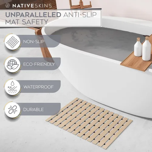 Miniatura 7 de NativeSkins Tapete de ducha de bambú sintético (beige), forro de seguridad antideslizante, impermeable, de secado rápido, tapete de baño de listones