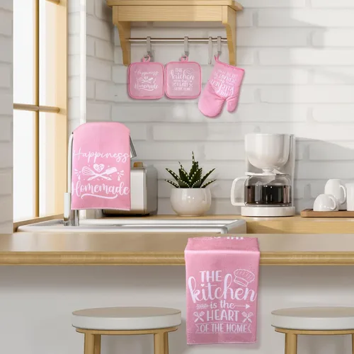 Miniatura 7 de Sratte Juego de 6 Piezas de Accesorios de Decoración de Cocina Estilo Granja Toallas Agarraderas Juego de Manoplas de Horno 2 Paños de Cocina 2 Rosa