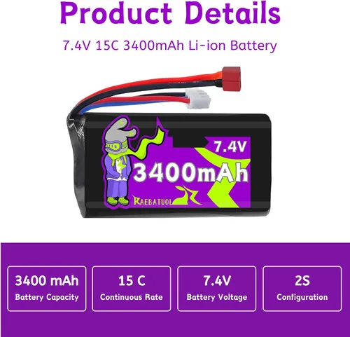 Miniatura 2 de 2S 7.4V 3400mAh con enchufe en T estilo Dean, capacidad recargable, baterías RC aptas para la mayoría de coches y camiones RC escala 1/10, 1/12