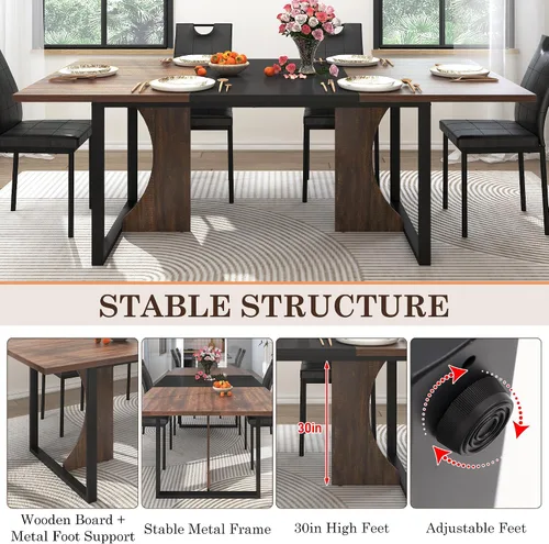 Miniatura 6 de Mesa de comedor grande de 70 pulgadas para 4, 5, 6 personas, mesa de comedor de cocina de granja con mesa de madera marrón, mesas de comedor Blanco