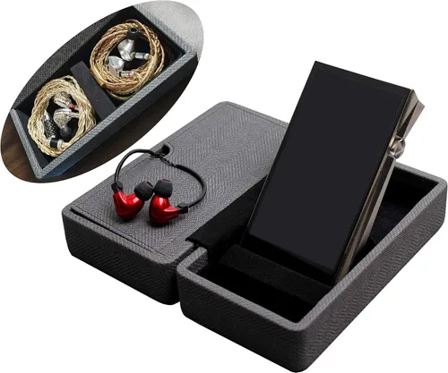Miter Funda de transporte para DAP + auriculares, hecha a mano Italia piel sintética rígida para 2 auriculares IEM + 1 reproductor de audio digital