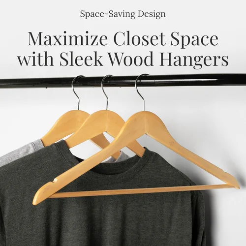 Miniatura 6 de Perchas de madera para ropa, paquete de 10 perchas de madera natural, ranuras y muescas antideslizantes para los hombros, gancho cromado giratorio