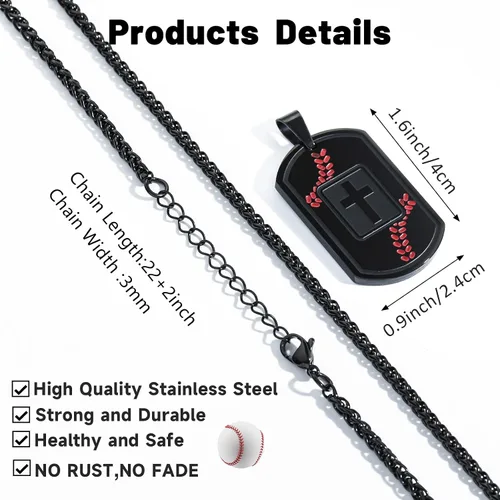 Miniatura 6 de Collar de cruz con versículo bíblico de béisbol, acero inoxidable, dije de cruz en tono negro/dorado/plateado, regalos religiosos, joyería deportiva