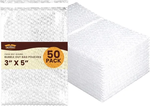 The Boxery 3x5" Clear Self-Sealing Bubble Out Bag Pouches -50 Pack- Bubble Cushion Wrap Bags for Packing, Storage, Moving, and Shipping fragile items