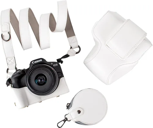MUZIRI KINOKOO Funda Protectora para Cámara Canon EOS R50/R100 y Objetivo de 18-45mm, de Piel Sintética EOSR50 R100 Incluyendo Media Funda, Tapa