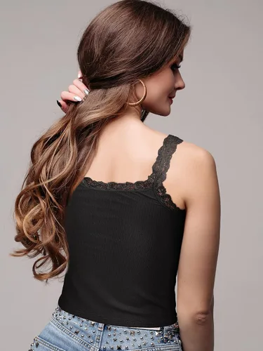 Miniatura 7 de Camiseta sin mangas de encaje para mujer, 3 piezas, camiseta sin mangas con encaje y ribete de encaje, Y2K
