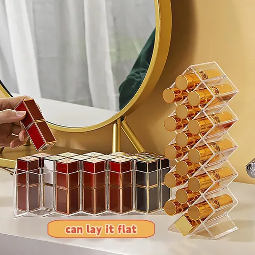 Miniatura 4 de Cedilis Paquete de 4 organizadores acrílicos para lápiz labial, organizador de almacenamiento de brillo de labios transparente con 64 ranuras