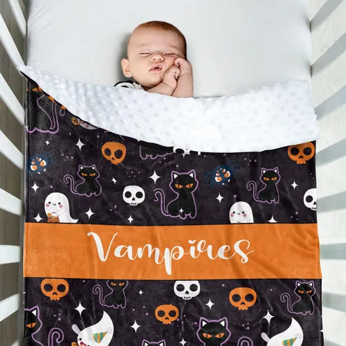 Miniatura 8 de Manta de bebé personalizada de Halloween, manta con nombre personalizado para niños pequeños, franela suave con respaldo de puntos de doble capa