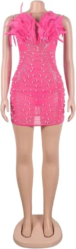 Miniatura 2 de Aro Lora Vestido sexy para mujer, sin tirantes, con plumas, con diamantes de imitación, de malla transparente
