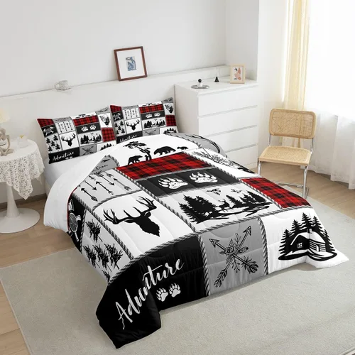 Miniatura 212 de Juego de edredón de cuernos de ciervo tamaño individual, juego de ropa de cama rústica de granja con huellas de oso y pinos para decoración