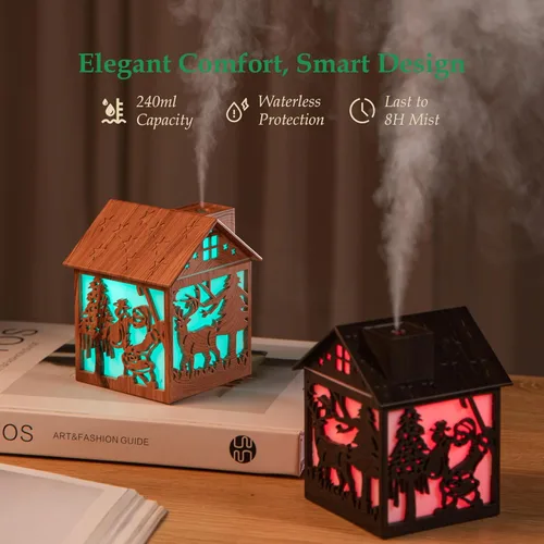 Miniatura 5 de Humidificador de madera de Navidad para casa, 8.1 fl oz, mini humidificador de niebla fría con diseño LED de Papá Noel, 7 luces de color, alimentado