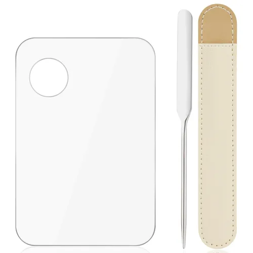 Aolso Paleta de maquillaje cosmético acrílico, bandeja de mezcla con espátula de maquillaje y estuche de cuero, paleta de mezcla cosmética