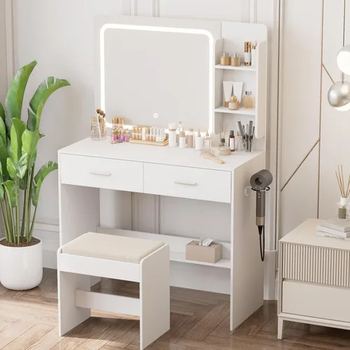 Tocador de maquillaje con espejo iluminado y toma de corriente – 2 estantes, 2 cajones, almacenamiento inferior – Viene con taburete tapizado