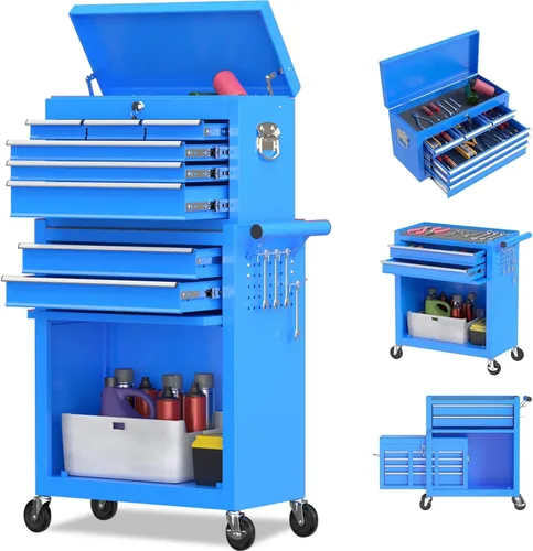 Caja de herramientas con 8 cajones y ruedas, caja de almacenamiento de herramientas extraíble con 4 ruedas y cajones, organizador de herramientas