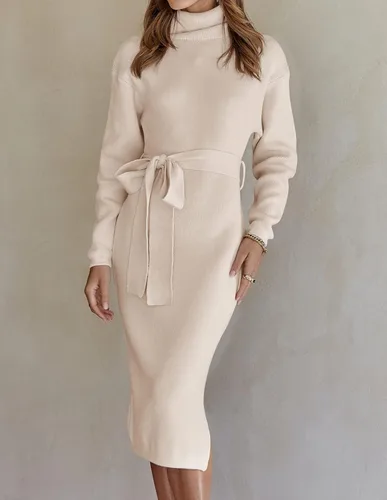 Miniatura 16 de ZESICA - Vestido por debajo de la rodilla de suéter, de cuello alto, para mujer, de manga larga, de punto acanalado, con abertura y cinturón