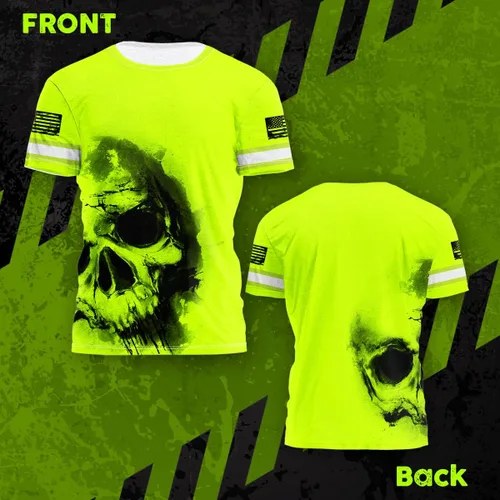 Miniatura 2 de Camisa de Alta Visibilidad con Cráneo para Hombre, Camisas Reflectantes de Seguridad con Bandera de EE. UU., Nombre Personalizado para Ropa