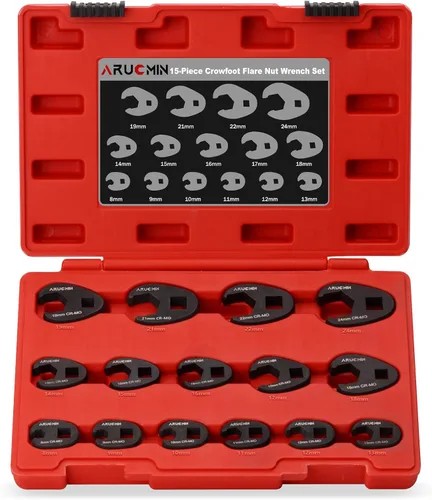 Juego de Llaves de Tuerca Abocinada Pata de Gallo de 3/8" y 1/2", 15 Piezas 8-24mm Métrico Juego de Llaves Pata de Gallo de Acero Cromo Molibdeno