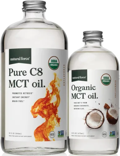 Natural Force Aceite orgánico puro C8 + orgánico de espectro completo MCT – USDA orgánico, sin OMG, coco 100% puro – Keto, paleo, vegano y kosher –