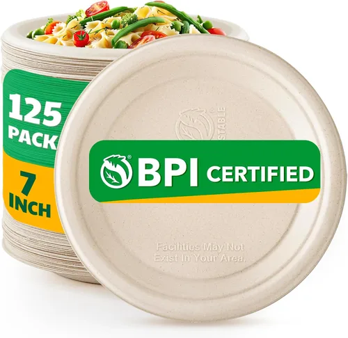 Miniatura 14 de Biodegradable Bagasse - 125 platos de papel compostables, platos desechables resistentes de 6 pulgadas, platos de postre a granel para fiestas
