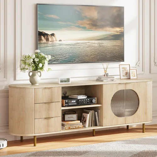 Miniatura 9 de Soporte de TV curvado de 69 pulgadas con puertas acrílicas onduladas y gran almacenamiento, consola multimedia moderna para televisores de hasta 80
