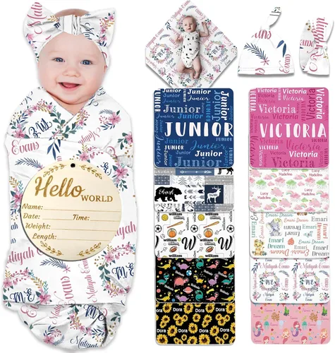 Miniatura 19 de Manta de bebé personalizada para niña y niño, manta de recepción con nombre personalizado con diadema de lazo y sombrero, regalos personalizados